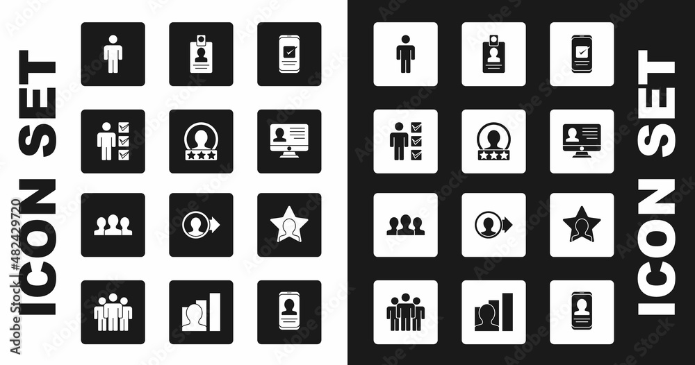 Set Smartphone, Create account screen, User of man in business suit, Monitor with resume, Identification badge, Head hunting and Users group icon. Vector Set Smartphone, Create account screen, User of man in business suit, Monitor with resume, Identification badge, Head hunting and Users group icon. Vector