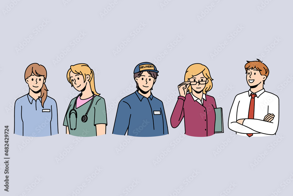 Various professions and specialisation concept. Group of young people working as manager doctor deliveryman teacher and businessman vector illustration Various professions and specialisation concept. Group of young people working as manager doctor deliveryman teacher and businessman vector illustration