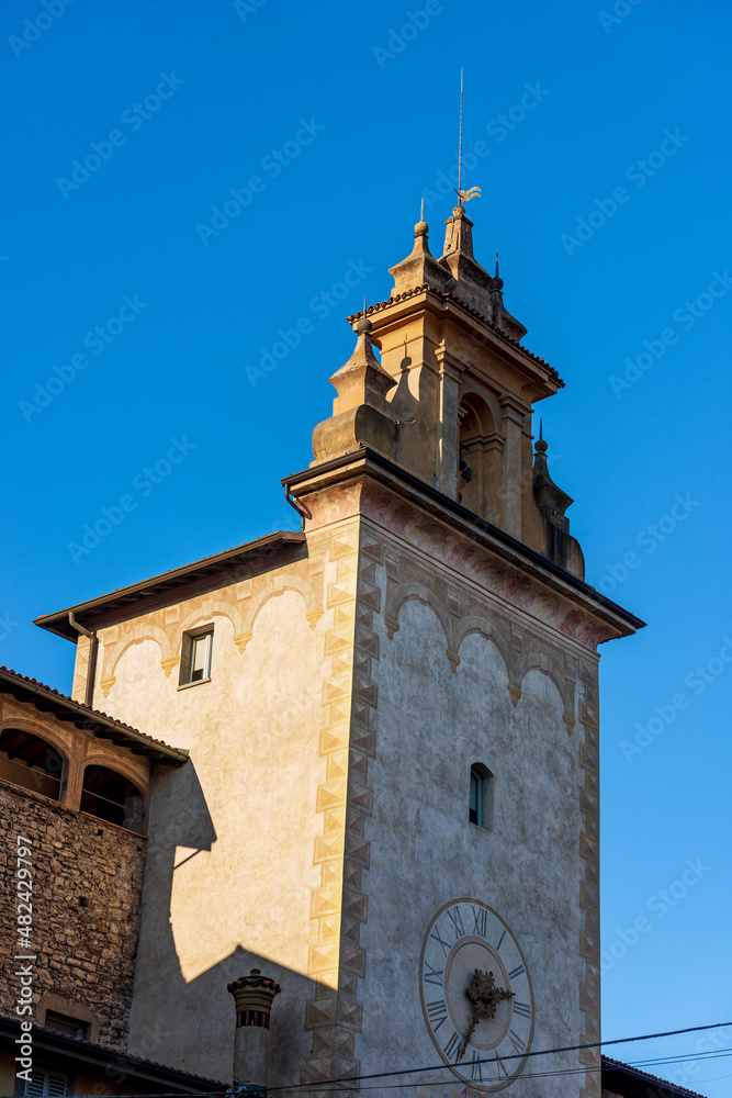 Bergamo upper town, close-up of the medieval Tower called Torre della Campanella (tower of the small bell) or Torre della Cittadella, Lombardy, Italy, Europe.