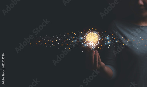 woman holding Light bulbs with Brain and gears inside and Low poly wireframe outside and connection line Creative and innovation inspiration. Business Bright idea concept. 