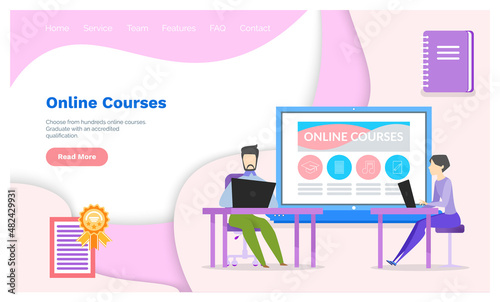 People working with online courses, educational program. Students studying online with distance learning application. Program for studying courses via Internet. Education website landing page template