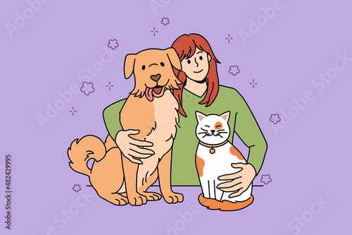 Enjoying company of pets concept. Smiling positive girl embracing her red cat and dog feeling happy with friendship vector illustration 