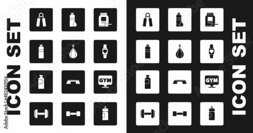 Set Sports nutrition, Punching bag, Fitness shaker, expander, Smartwatch, Location gym and icon. Vector