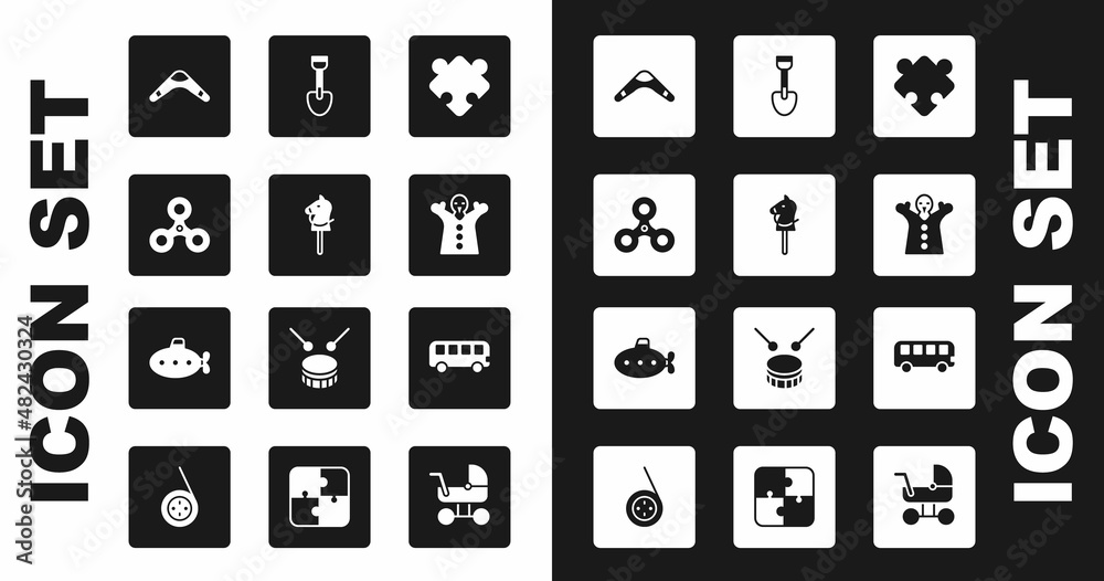 Set Puzzle pieces toy, Toy horse, Fidget spinner, Boomerang, puppet doll on hand, Shovel, Bus and Submarine icon. Vector Set Puzzle pieces toy, Toy horse, Fidget spinner, Boomerang, puppet doll on hand, Shovel, Bus and Submarine icon. Vector