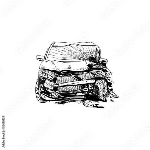 Car crash hand drawn illustration. Auto accident sketch, vector design