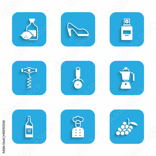 Set Pizza knife, Italian cook, Grape fruit, Coffee moca pot, Bottle wine, Wine corkscrew, Perfume and Limoncello bottle icon. Vector