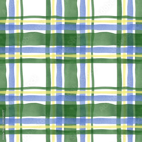 Seamless abstract stripes and cells pattern. Watercolor background with green, blue, yellow transparent stripe for textile, wallpaper, wrapping paper