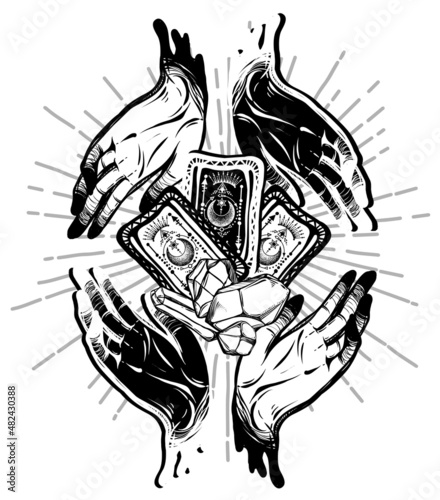 Vector illustration, magic crystals, tarot cards in hand, spirituality and occultism, Handmade, print on t-shirt, tattoo