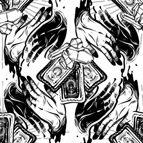 Vector illustration, magic crystals, tarot cards in hand, spirituality and occultism, Handmade, print, light  background, seamless pattern