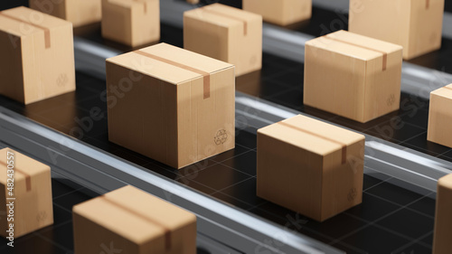 Delivery, cargo, transportation concept. Cardboard boxes on a conveyor line. 3d rendering © Pixel Fabrikası