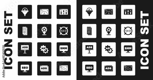 Set Browser setting, Map pointer with star, window, Lead management, SEO optimization, Website statistic, Social media marketing and Advertising icon. Vector