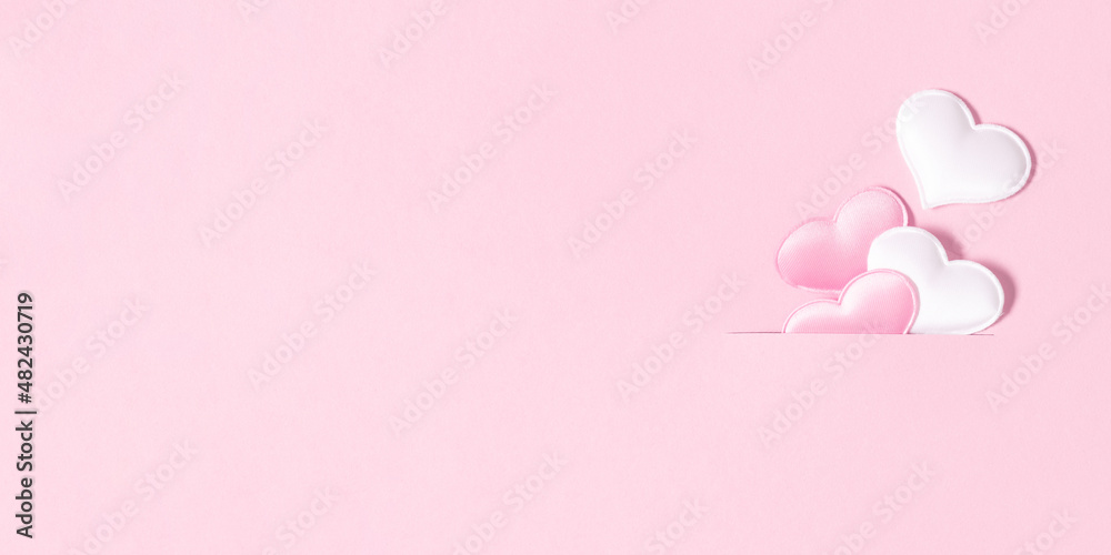 Valentine's Day pink white hearts on pastel pink background. Love concept. Saint Valentine. Flat lay, top view, copy space