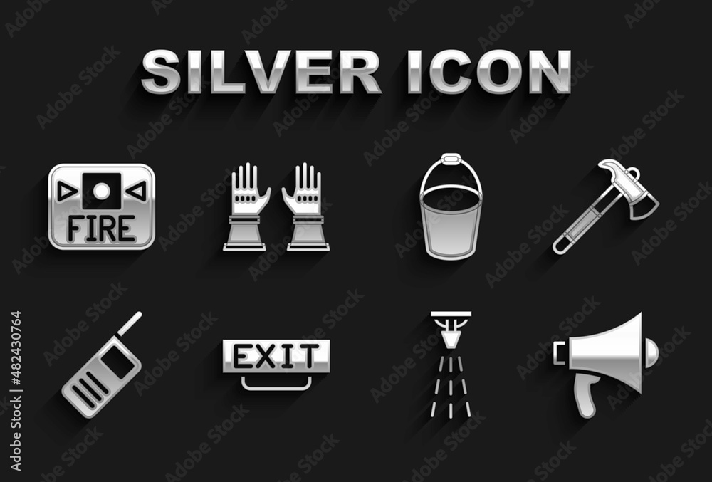 Set Fire exit, Firefighter axe, Megaphone, sprinkler, Walkie talkie, bucket, alarm system and gloves icon. Vector