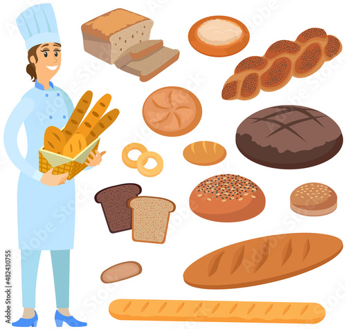 Professional bread maker holding fresh baguettes and loaves. Bakehouse worker with hot bakery. Woman stands with basket of bread next to various pastries, desserts, cakes vector illustration