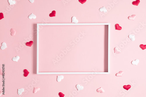 Valentine's Day pink white hearts on pastel pink background. Love concept. Saint Valentine. Flat lay, top view, copy space © prime1001