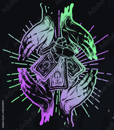 Vector illustration, magic crystals, tarot cards in hand, spirituality and occultism, Handmade, print, background  chalkboard