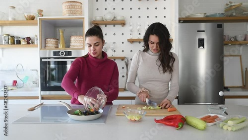 Two young happy college student roommates or business women cooking food together at their apartment. Females having fun together preparing meal in their modern kitchen at cozy home.