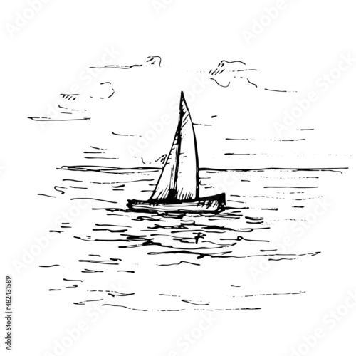 Yacht floating on the sea waves. Vector vintage hatching color illustration. Isolated on white