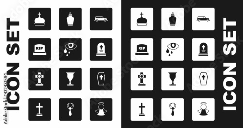 Set Hearse car, Tear cry eye, Tombstone with RIP written, Church tower, Grave tombstone, Funeral urn, Coffin cross and icon. Vector