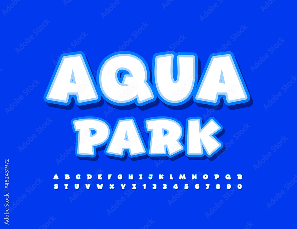 Vector funny banner Aqua Park with playful Alphabet Letters and Numbers set. Happy stickers Font for Kids Vector funny banner Aqua Park with playful Alphabet Letters and Numbers set. Happy stickers Font for Kids