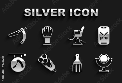 Set Electric razor blade, Barber online service platform, Round makeup mirror, Barrette, Barbershop with, chair, Straight and Shaving brush icon. Vector