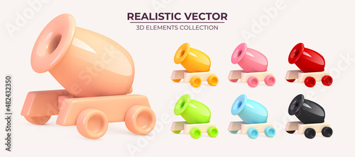 Collection of glossy realistic Canon in different colors isolated on white background. Cartoon Cogwheels. For mobile applications or web banners. Vector illustration