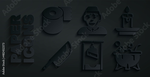 Set Guillotine, Burning candle, Knife, Halloween witch cauldron, Priest and Toilet paper roll icon. Vector