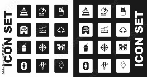 Set Magician hat and rabbit ears, Drum with drum sticks, Circus ticket, Boat swing, Juggling ball, Castle and Paper glass water icon. Vector