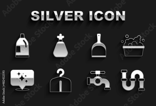 Set Hanger wardrobe, Basin with soap suds, Industry metallic pipe, Water tap, Home cleaning service, Dustpan, Bottle for agent and Garbage bag icon. Vector