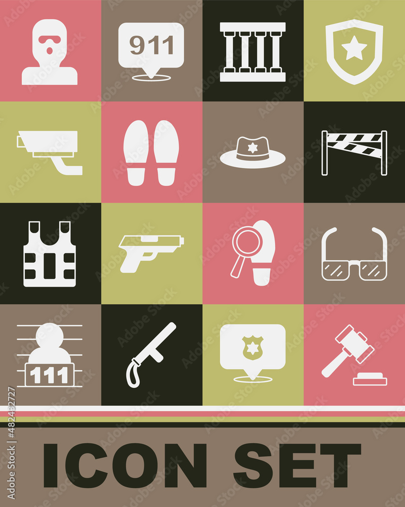 Set Judge gavel, Safety goggle glasses, Crime scene, Prison window, Footsteps, Security camera, Thief mask and Sheriff hat with badge icon. Vector Set Judge gavel, Safety goggle glasses, Crime scene, Prison window, Footsteps, Security camera, Thief mask and Sheriff hat with badge icon. Vector