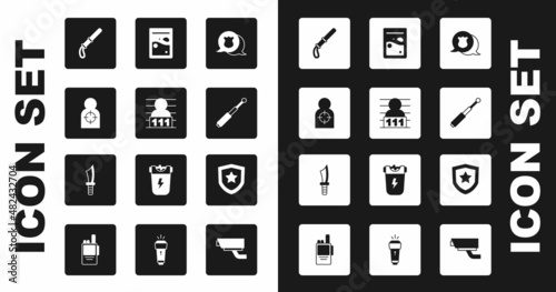 Set Police badge, Suspect criminal, Human target sport for shooting, rubber baton, Telescopic, Plastic bag of drug, and Military knife icon. Vector
