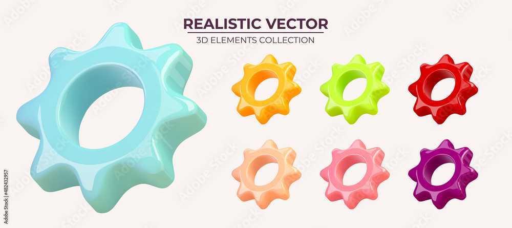 Collection of glossy realistic Cogwheels in different colors isolated on white background. Cartoon Cogwheels. For mobile applications or web banners. Vector illustration