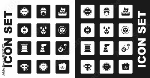 Set Radioactive waste in barrel, Acid rain and radioactive cloud, Atom, Electrical outlet, Nuclear reactor worker, exchange energy and icon. Vector