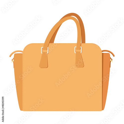 Vector leather brown women's bag with handles. Bag close-up. White background isolated. The concept of elegance and femininity. Vintage bag. Front view.