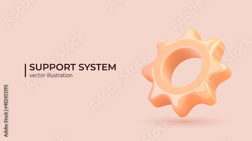 Support Systems Concept. Customer service or Support - Realistic 3d design. Realistic Cogwheel in Trendy color. Volumetric icons of Cogs. Vector illustration