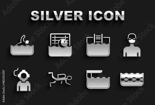 Set Scuba diver, Swimmer, Swimming pool, Diving board or springboard, Aqualung, with ladder, and Water polo icon. Vector