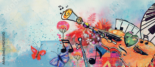 Spring music, concert. Watercolor concept banner, design element