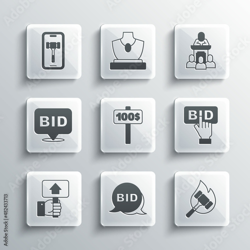 Set Bid, Auction hammer, Hand holding auction paddle, Online and auctioneer sells icon. Vector