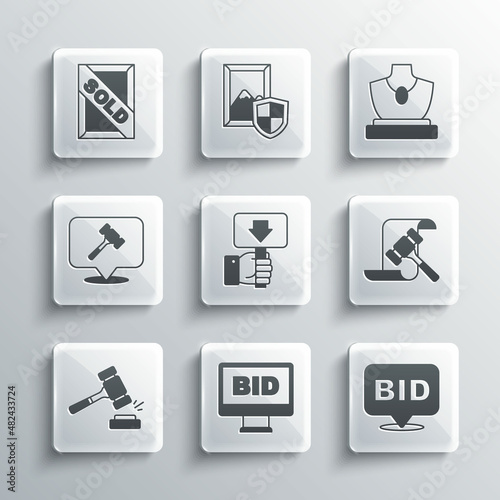 Set Online auction, Bid, Auction hammer, Hand holding paddle, painting sold and jewelry sale icon. Vector