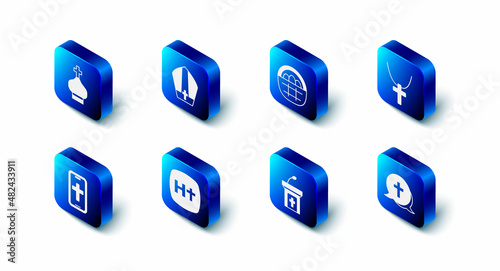 Set Pope hat, Basket with easter eggs, Christian cross on chain, Church sermon tribune, phone and church tower icon. Vector
