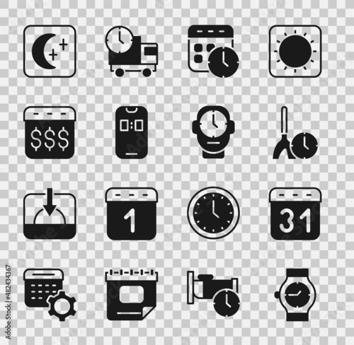 Set Wrist watch, Calendar, Cleaning time, and clock, Alarm app mobile, Payday, calendar with dollar, Moon stars and Clock icon. Vector