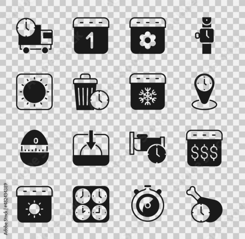 Set Food time, Payday, calendar with dollar, Time zone clocks, Calendar spring, Waste of, Sun, Delivery truck and and winter icon. Vector