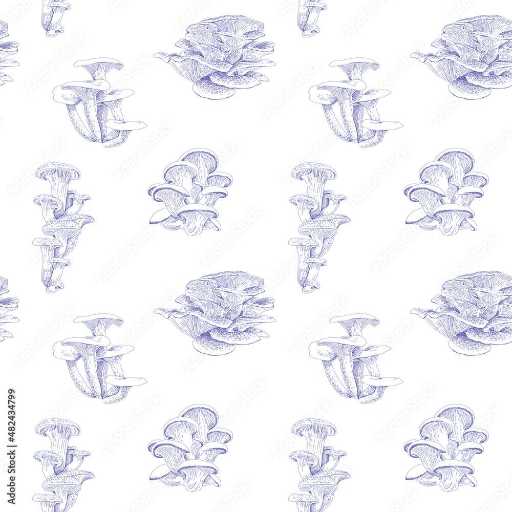 Fototapeta premium Mushroom hand drawn seamless pattern. Isolated Sketch drawing very peri line on a White background. For fabric, sketchbook, wallpaper, wrapping paper.