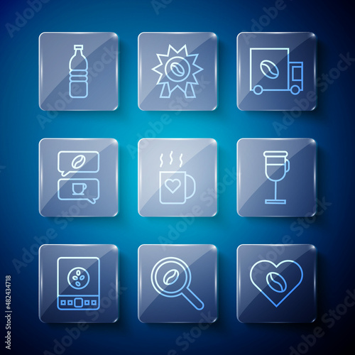 Set line Electronic coffee scales, Selection beans, Coffee Lovers, street truck machine, cup and heart, conversation, Bottle water and Irish icon. Vector