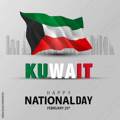 25th February happy national day Kuwait with waving flag. vector illustration design