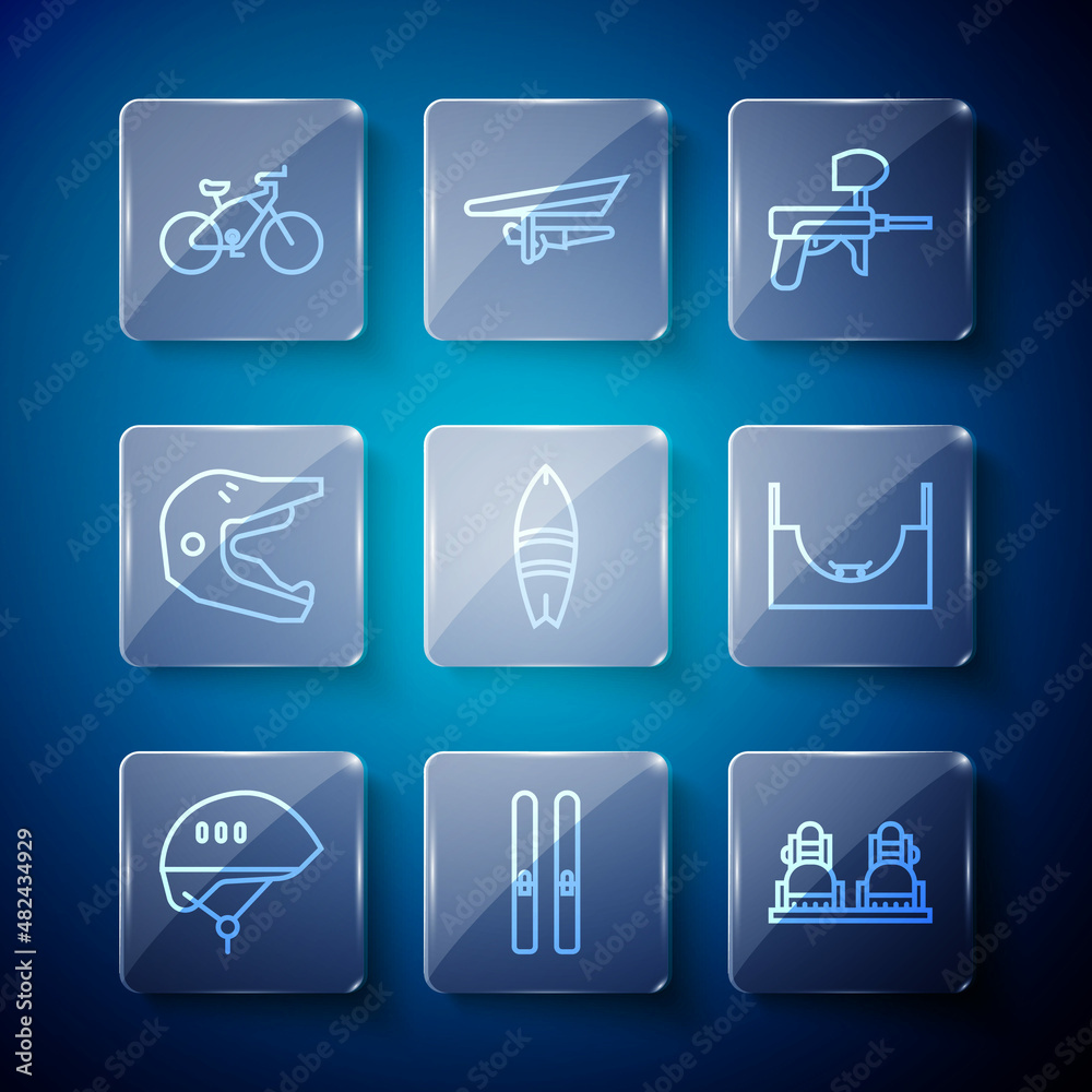 Set line Bicycle helmet, Ski and sticks, Snowboard, Paintball gun, Surfboard, Motocross motorcycle, and Skate park icon. Vector