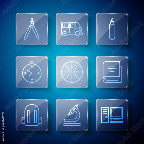 Set line School backpack, Microscope, Computer monitor, Marker pen, Basketball ball, Clock, Drawing compass and Book icon. Vector