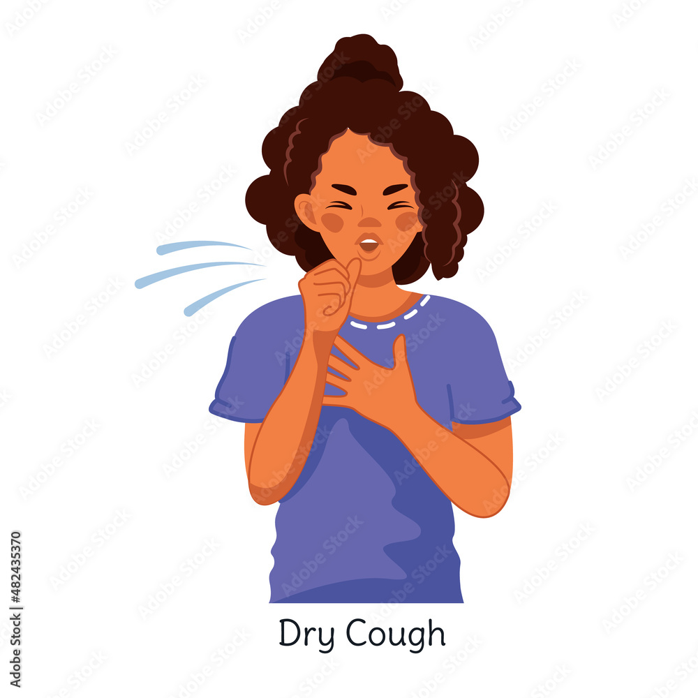 An African-American woman with symptoms of respiratory disease. The sick girl has a dry cough. The woman suffers from asthma, allergy or a cold. Isolated vector illustration on a white background An African-American woman with symptoms of respiratory disease. The sick girl has a dry cough. The woman suffers from asthma, allergy or a cold. Isolated vector illustration on a white background
