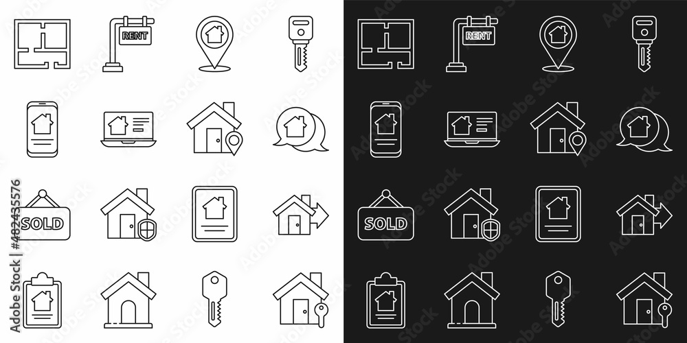 Set line House with key, Sale house, Real estate message, Location, Online real, plan and icon. Vector Set line House with key, Sale house, Real estate message, Location, Online real, plan and icon. Vector