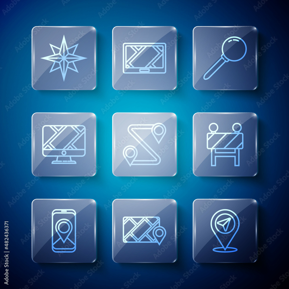 Set line City map navigation, Location, Push pin, Route location, Monitor with marker, Wind rose and Road barrier icon. Vector Set line City map navigation, Location, Push pin, Route location, Monitor with marker, Wind rose and Road barrier icon. Vector